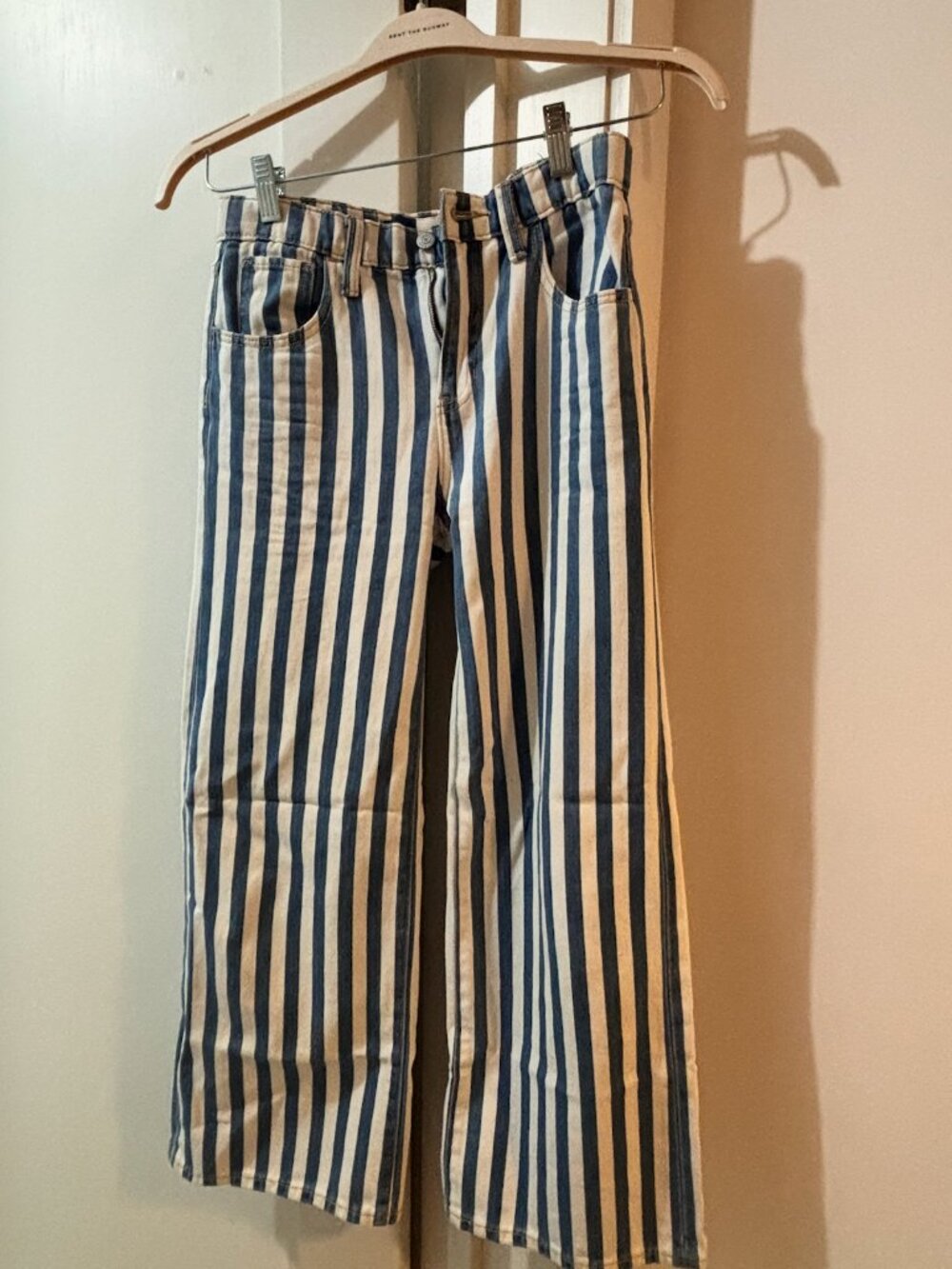 Blue & White Striped Cropped Wide Leg Jeans
